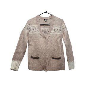 Vintage J.Crew Handknit Fair Isle Cardigan Sweater Women Small Beige Alpaca Blen